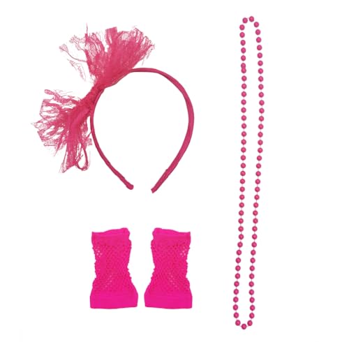 VIGUEUR 80er Jahre Party Kostüm Zubehör Set Spitze Stirnband Fischnetz Handschuhe Halskette Retro Stil, Pink, Einheitsgröße von VIGUEUR