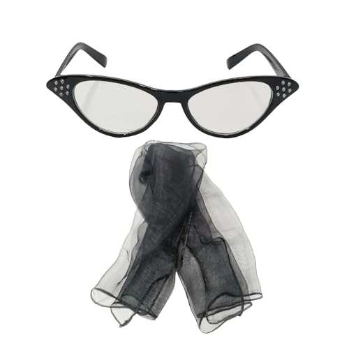 VIGUEUR Chiffon-Schal und Katzenaugen-Brille, 1950er Jahre Vintage-Kostüm-Zubehör-Set, Schwarz von VIGUEUR
