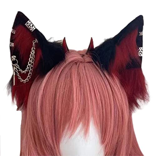 VIGVAN Handgemachte Wolf Fuchs Ohren Cosplay Kopf Zubehör Kawaii Haarband (Kette Schwarz Rot) von VIGVAN