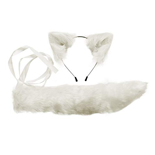 VIGVAN Katzenohren Wolf Fuchsohren Tier Cosplay Niedlicher Kopf Zubehör für Halloween, Weiße Ohren + Schwanz Set, Einheitsgröße VIGVAN Katzenohren Wolf Fuchsohren Tier Cosplay Niedlicher Kopf Zubehör für Halloween, Weiße Ohren + Schwanz Set, Einheitsgröße von VIGVAN