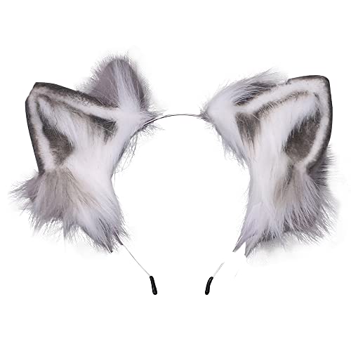 VIGVAN Kawaii Fuchs Katzen Ohren Haarband Haarnadel Katzen Cosplay (Grau Weiß Haarband) von VIGVAN
