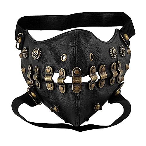 VIGVAN Männer Frauen Steampunk Retro Gothic Leder Maske Halloween Cosplay Zahnräder Maske Spike Mask (Gold Knopf Maske) von VIGVAN