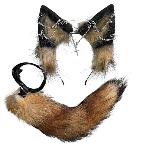 VIGVAN Wolf Ohr Stirnband und Schwanz Set Fluffy Plüsch Wolf Cosplay Kostüme (Braun Schwarz) von VIGVAN