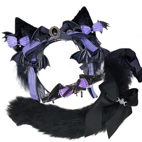 VIGVAN Wolf Ohr Stirnband und Schwanz Set Fluffy Plüsch Wolf Cosplay Kostüme (Lila Schwarz) von VIGVAN
