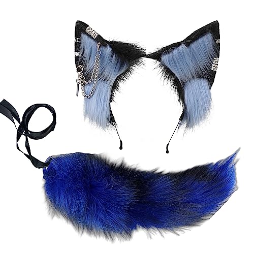 VIGVAN Wolf Ohr Stirnband und Schwanz Set Fluffy Plüsch Wolf Cosplay Kostüme (Schwarz Blau) von VIGVAN