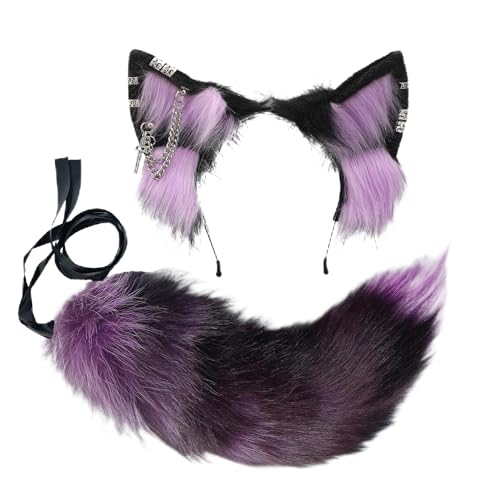 VIGVAN Wolf Ohr Stirnband und Schwanz Set Fluffy Plüsch Wolf Cosplay Kostüme (Schwarz Lila) von VIGVAN