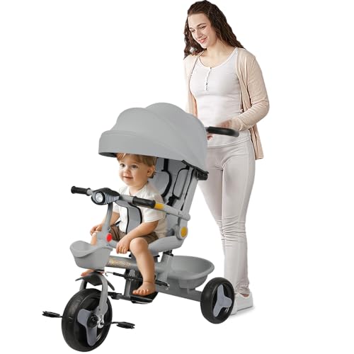Baby-Dreirad, mitwachsendes Dreirad für Kinder, mit faltbarer Sonnenblende und verstellbarem Elternstock, Dreirad mit Pedalen und 5-Punkt-Gurten, Babyfahrrad, Körbe, 100 x 75 x 50 cm, grau Baby-Dreirad, mitwachsendes Dreirad für Kinder, mit faltbarer Sonnenblende und verstellbarem Elternstock, Dreirad mit Pedalen und 5-Punkt-Gurten, Babyfahrrad, Körbe, 100 x 75 x 50 cm, grau von VIIROUD