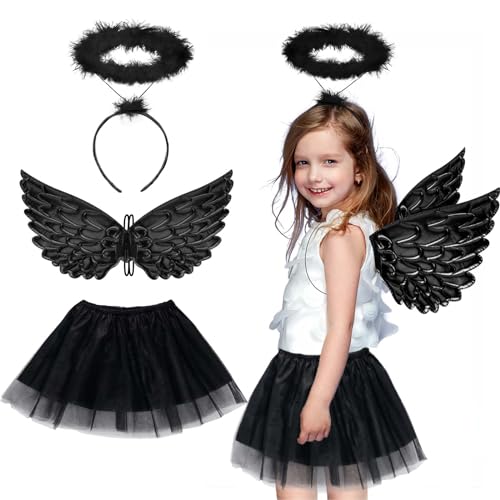 VIKILON 3Tlg Engel Kostüm Mädchen, Teufel Kostüm Kinder, Engel Flügel Kinder Schwarze Teufelsflügel mit Heiligenschein Tutu Engel Teufel Cosplay für Mädchen Karneval Fasching Maskerade Party von VIKILON