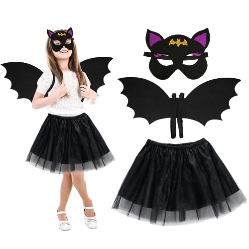 VIKILON 3Tlg. Fledermaus Kostüm Kinder, Fledermauskostüm Mädchen, Fledermaus Flügel Kostüm, Fledermauskostüm Vampir mit Fledermausflügel Tutu für Karneval Fasching Cosplay Party Maskerade Halloween von VIKILON