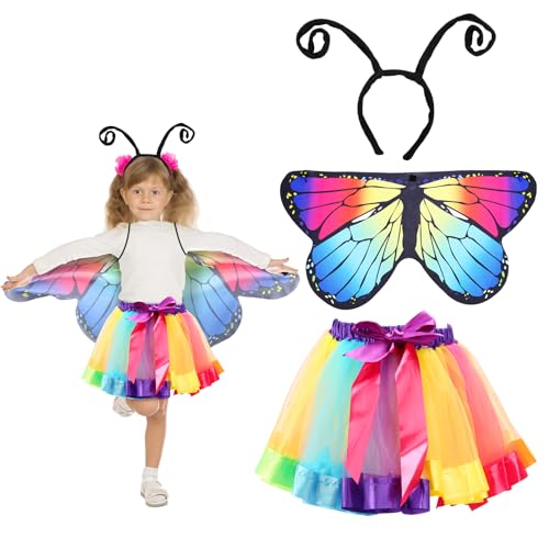 VIKILON 3tlg Schmetterling Kostüm Mädchen Schmetterlingsflügel Kinder Schmetterling Umhang Schmetterling Kinderkostüm mit Tutu Rock Haarreif für Mädchen Karneval Fasching Cosplay Party von VIKILON