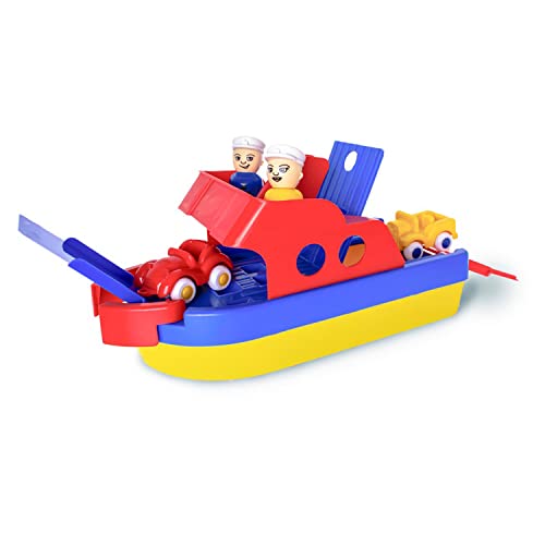 Vikingtoys 81098 Spielzeug-Boot Schiff mit Reifen Soft - 2 Spielzeugautos & 2 Figuren Spielboot - Rampe & Bugspriete beweglich und ausziehbar - Luke öffenbar Kunststoff - 30 cm - Kinder ab 1 Jahr von Vikingtoys