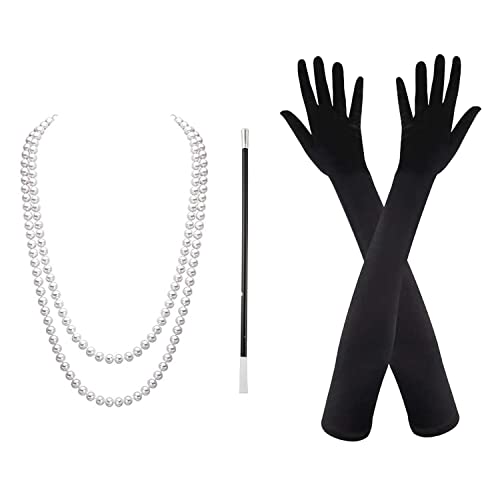 VIKSAUN 1920s Kostüm Charleston mädchen, Perlen Kette, Lang Schwarzer Handschuhe, Vintage Stile, Stil schwarz Fasching Karneval Kostüm, Gatsby Handheld Requisiten Set, Damen Accessoires von VIKSAUN