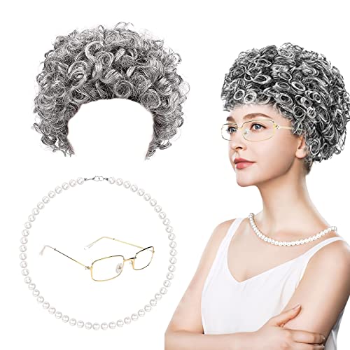 VIKSAUN 3 Pack Großmutter Cosplay Zubehör Set, Old Lady Kostüm Set Oma Perücke Grauer, Brille, Perlenschmuck Oma Verkleidung, Alte Dame Cosplay Set Kostümzubehör, Karneval, Mottoparty von VIKSAUN