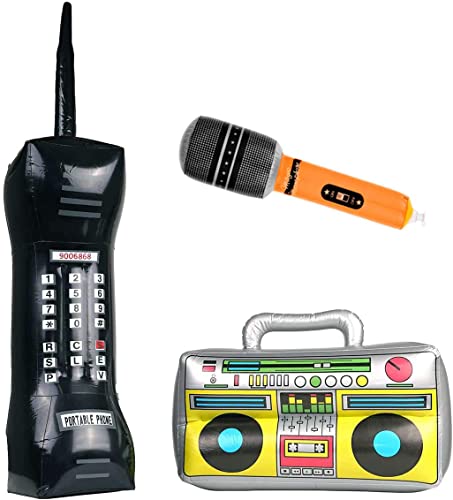 VIKSAUN 3 Stück Aufblasbare Rock Star Toy 80er 90er 80er 90er Party Dekorationen Aufblasbares Radio, Aufblasbares Handy, Aufblasbares Mikrofon, für Rockpartys Musikkarnevale von VIKSAUN