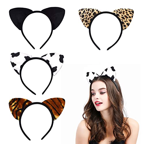 VIKSAUN 4 Pcs Katzenohren Haarreif, Leopard Haarreif, Leo Haarreif, Kühe Haarreif, Haarreif mit Plüschohren, Erwachsene Kinder Cartoon niedliche Kopfbedeckung, Anzug Maskerade, Cosplay (4 Pcs) von VIKSAUN