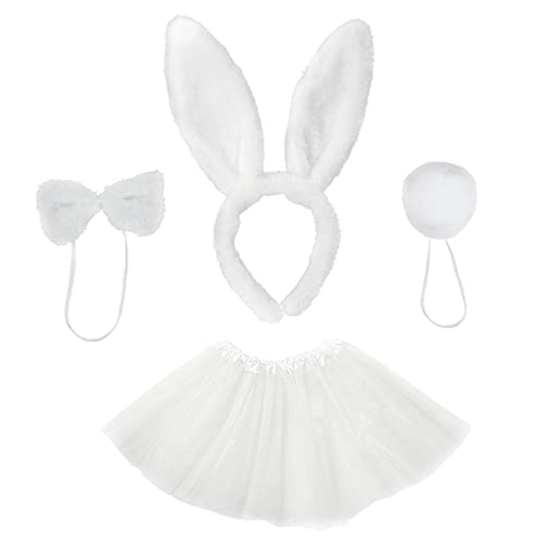 VIKSAUN 4 Stück Hasenkostüm Set Hasenohren Stirnband Weiß Tutu mit Hasenohren Schleife Schwanz, Erwachsene Ostern Kostüm Party Zubehör, Mädchen Häschenkostüm Katzen Cosplay Kostüm (Weiß) von VIKSAUN