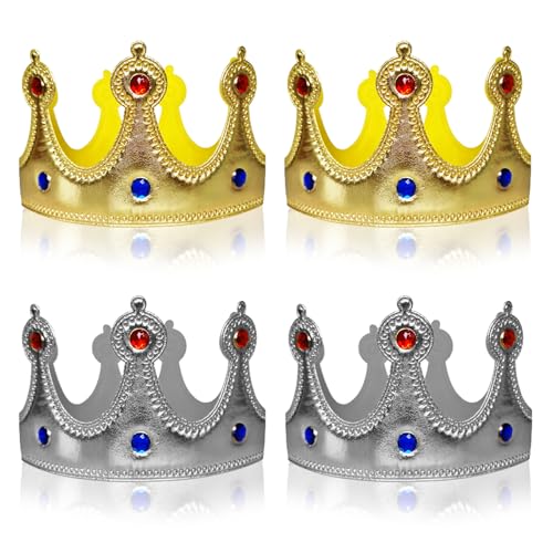VIKSAUN 4 Stück König Krone Königskrone Königinnen Krone mit Strass Royal Crown Tiara Kostüm Zubehör, DIY Party Goldfolie Krone Hut für Junge Mädchen Prinzessin Geburtstagsfeier (4 Stück) von VIKSAUN