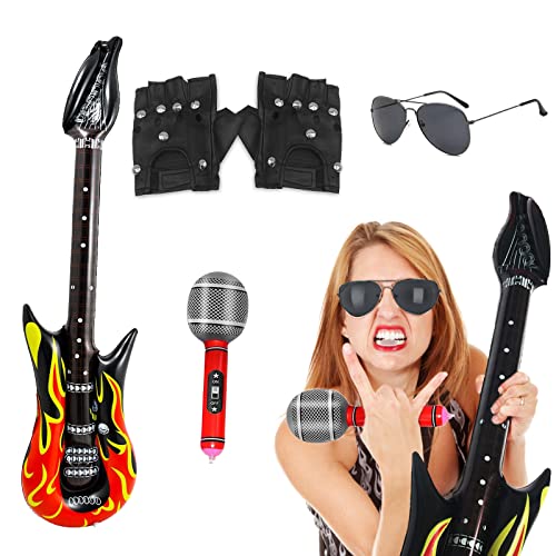 VIKSAUN 4 Stück Punk Rocker Party Kit, 90er Schwermetall Disco Kostüm Zubehör, Große Aufblasbare Gitarre, Punk Rocker Handschuhe, Sonnenbrillen, Aufblasbare Mikrofon, Karneval, Mottoparty (4 Stück) von VIKSAUN