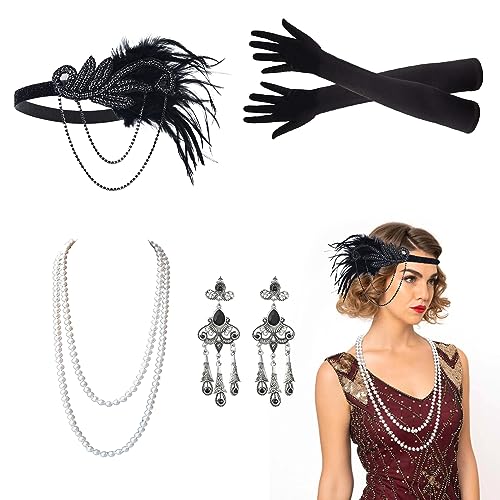 VIKSAUN 5 Stück 20er jahre accessoires 20er Jahre Kostüm Damen, 1920s Kostüm Damen Flapper Accessoires Set, Gatsby Accessoires, Stirnband Halskette Handschuhe Ohrringe, Charleston Kleid (5 Stück) von VIKSAUN