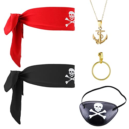 VIKSAUN 5 Stücke Captain Pirate Kostüm Zubehör Set, Creolen Piraten Augenklappen Gold Vintage Piraten Halskette, Piraten Kopftuch, Piraten Rollenspiel Set für Kinder Karneval Party von VIKSAUN