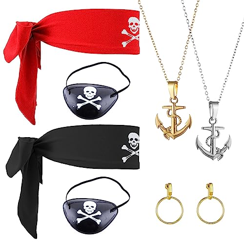 VIKSAUN 8 Stück Piraten Kostüm zubehör, Pirat Captain Dress Up Set, Creolen Piraten Augenklappen Piraten Kopftuch, Piratenhut für Kinder, für Karneval Halloween Piraten Party Kostüm Prop (8 Stück) von VIKSAUN