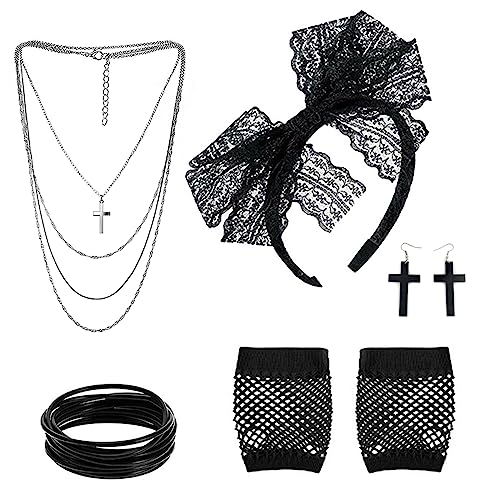 VIKSAUN 80er Jahre Retro Kostüm Set, Prom Accessoires, Fancy Outfit Mit Spitze Stirnband, Ohrringe, Fischnetz Handschuhe, Halskette, Armband für 80s Party von VIKSAUN