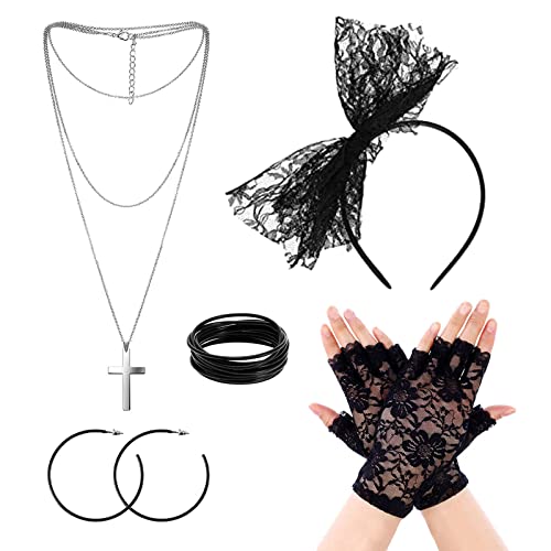 VIKSAUN 80er Jahre Retro Party Kostüm Set, 80er Jahre Prom Party Accessoires, Spitze Stirnband Ohrringe Fischnetz Handschuhe Halskette Armband, Mottoparty Cosplay Dekoration Party Favors von VIKSAUN