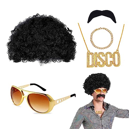 VIKSAUN Hippie Kostüm Set, Herren Hippie Perücken Kostüm Zubehör Set, Afro Perücke, Hippie Perücke Herren, Schnauzbart, für 60er 70er 80er Hippie Kostüm Disco Thema Party, Cosplay, Halloween (5 Pcs) von VIKSAUN