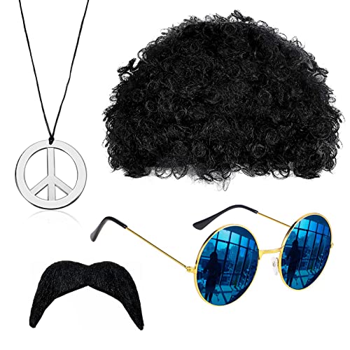 VIKSAUN Hippie Kostüm Set, Mode Afro Perücke, Sonnenbrille, Frieden Zeichen Halskette, Schnauzbart, 60er 70er Jahre Stil für Herren & Damen Fasching Karneval oder auf Festivals Thema Party (4 Psc) von VIKSAUN