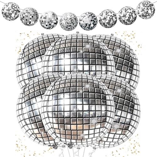 Discokugel Ballon Silber,Discokugel Deko Set mit Disco Luftballons Geburtstag und Girlande, Disco Geburtstag Deko, Discokugel Folienballon für Neujahr Deko, Karneval, 70 80 90er Jahre Disco Deko Party von VIKY