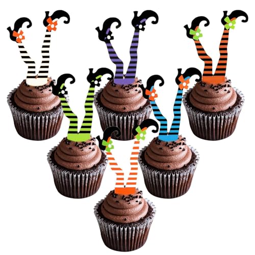 VIKY® 24 Stück Halloween Cupcake Toppers Set, Hexen Beine Kuchen Deko, Party Muffins Tortendeko, Motto Partyzubehör von VIKY