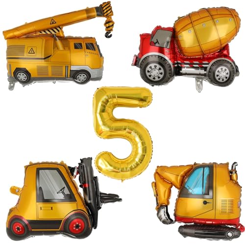 VIKY® Bagger Deko Kindergeburtstag 5, Baustellen Deko Luftballon 5. Geburtstag Junge, Bagger Geburtstag Deko 5 Jahre, Baustellen Party Kindergeburtstag Deko, Folienballon Geburtstagsdeko 5 Jahre Junge von VIKY