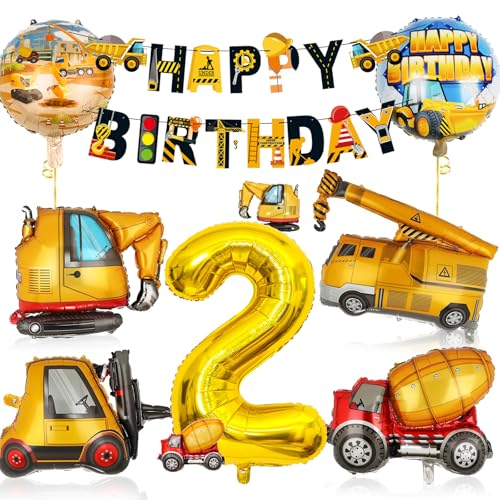 VIKY® Bagger Geburtstag Deko 2 Jahre,Baustellen Geburtstagsdeko 2 Jahre Junge,Bagger Deko 2. Geburtstag Junge Set mit Bagger Luftballon und Happy Birthday Banner,Baustellen Deko Kindergeburtstag Party von VIKY