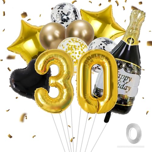 VIKY® Deko 30 Geburtstag Männer Frau,30 Geburtstag Deko Schwarz Gold,Geburtstagsdeko 30. Geburtstag Frauen Deko Ballons,30er Geburtstag Mann Deko Set mit Folienballon Zahl 30 und Konfetti Luftballon von VIKY