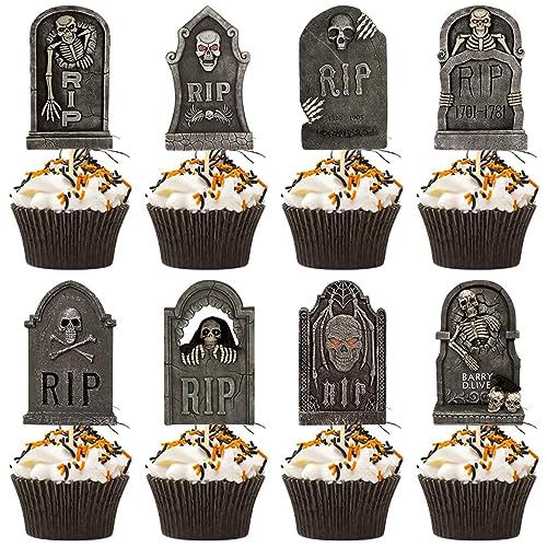 VIKY® Halloween Cupcake Topper, 8 Stück Kuchen Deko Grabstein Toppers, Tortendeko Grabsteine Horror Deko, Muffins Deko Grabsteinmuster für Party von VIKY