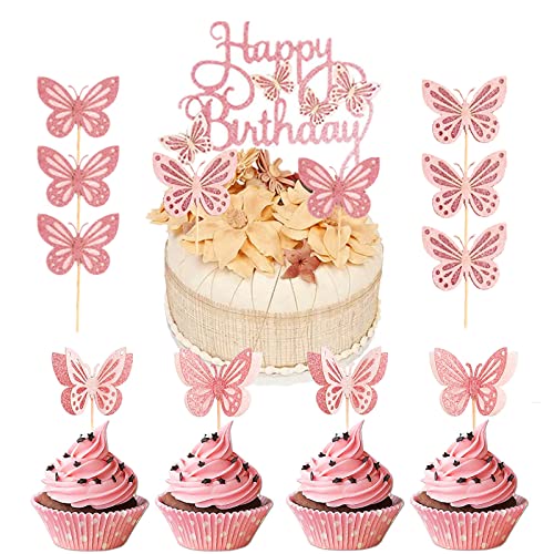VIKY® Schmetterlinge Tortendeko Geburtstag Mädchen, Happy Birthday Tortendeko, Schmetterlinge Deko Torte, Torten Deko Geburstag, Glitzer Cake Topper, Schmetterling Deko Geburtstag Kuchendeko von VIKY