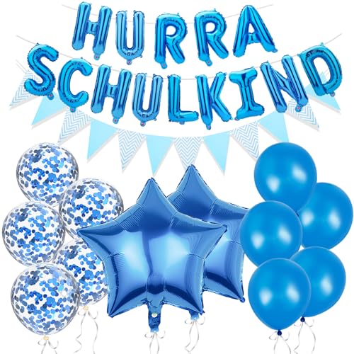 VIKY® Schulanfang Deko Einschulung Junge Mädchen, 14 Stk Einschulung Deko Junge Set, Hurra Schulkind Deko Blau 2025,Deko Schulanfang mit Wimpelkette,Stern Einschulung Folienballon,Konfetti Luftballons von VIKY