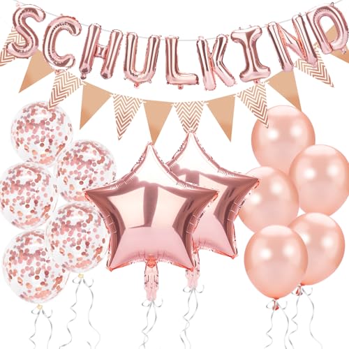VIKY® Schulanfang Deko Einschulung Junge Mädchen, 14 Stück Einschulung Deko Set, Schulkind Deko Rosegold 2025, Deko Schulanfang mit Wimpelkette, Stern Einschulung Folienballon,Konfetti Luftballons von VIKY