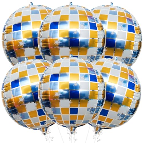 VIKY 6 Stück Discokugel Luftballon,Discokugel Deko Folienballons,22 Zoll 4D Diskokugel Luftballons Blau Gold,90er Party Deko,Disco Party Deko Ballons für Karneval,Hawaii,Geburtstag,Graduation,Hochzeit von VIKY