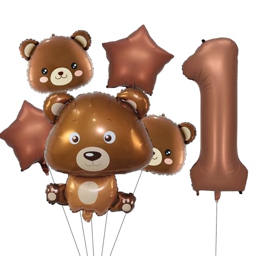 VIKY Bär Geburtstagsdeko 1 Jahr Junge Mädchen, Bären Luftballon 1. Geburtstag Deko, Geburtstagsdeko 1 Geburtstage Luftballons, Erster Geburtstag Deko Set mit Bär Folienballon und Stern Helium Ballons von VIKY