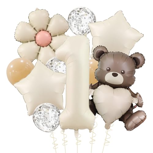 Bär Geburtstagsdeko 1 Jahr Junge mit Gänseblümchen Folienballon,Bär Deko 1. Geburtstag Mädchen Junge, Bären Luftballon 1. Geburtstag Deko Set mit Zahl 1 Ballon,Erster Geburtstage Mädchen Deko Geschenk von VIKY