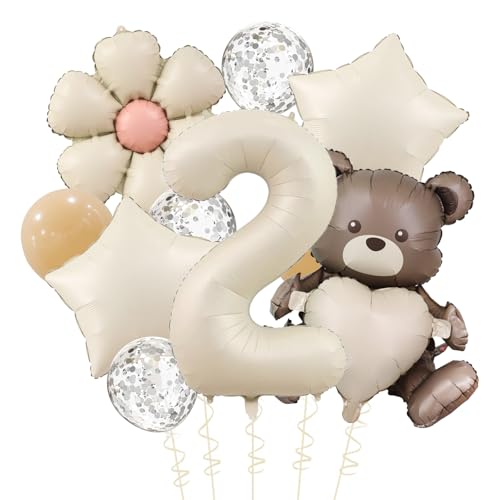 VIKY Bär Geburtstagsdeko 2 Jahre Junge mit Gänseblümchen Folienballon,Bär Deko 2. Geburtstag Junge Mädchen,Bären Luftballon 2. Geburtstag Deko Set mit Zahl 2 Ballon,2 Geburtstage Jungen Deko Geschenk von VIKY