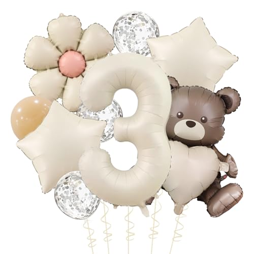 VIKY Bär Geburtstagsdeko 3 Jahre Junge mit Gänseblümchen Folienballon,Bär Deko 3. Geburtstag Junge Mädchen,Bären Luftballon 3. Geburtstag Deko Set mit Zahl 3 Ballon,3 Geburtstage Jungen Deko Geschenk von VIKY