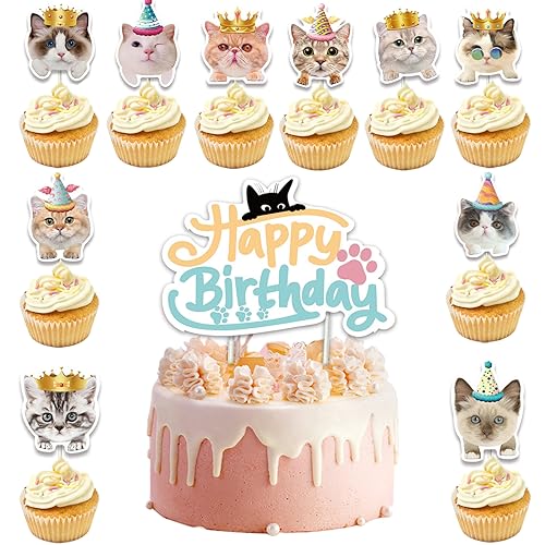 VIKY Katze Geburtstag Cupcake Topper,11 Stück Katzen Muffin Deko Geburtstag,Tortendeko Tiere,Taufe Tortendeko Junge & Mädchen,Cupcake Party Deko,Kuchen Dekoration Supplie für Kinder Pet Birthday Party von VIKY
