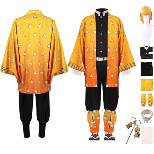 VILFO Dämonenjägerin Cosplay Kostüm,Anime Charakter Agatsuma Zenitsu Cosplay Kimono Set,Halloween Karneval Party Kleid,Mit Perücke Schlüsselanhänger,Männer Jungen Dress UP,Orange,3XL von VILFO