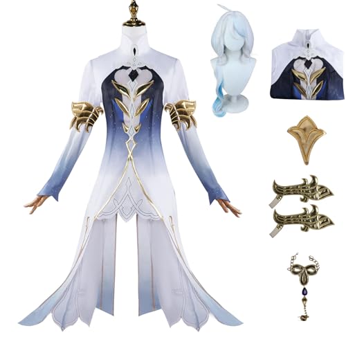 VILFO Genshin Impact Cosplay Set,Spiel Charakter Furina,Gott des Wassers Focalors Cosplay Uniform Full,Halloween Karneval Party Kleid,Mit Perücke,Frauen Mädchen Dress Up,Weiß,XL von VILFO