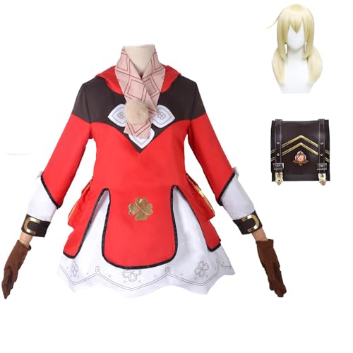 VILFO Genshin Impact Cosplay Set,Spiel Charakter Klee Cosplay Uniform Full,Halloween Karneval Party Kleid,Mit Perücke Rucksäcken Hut,Frauen Mädchen Dress Up,Rot,S von VILFO