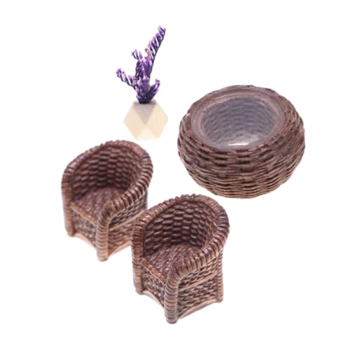 VILLCASE 1 Satz Miniaturmöbel für Puppenhaus Handgemachte Rattan Tisch und Stühle Realistisches Wicker Design für Kreative Rollenspiele und Kinderzimmer Dekoration von VILLCASE