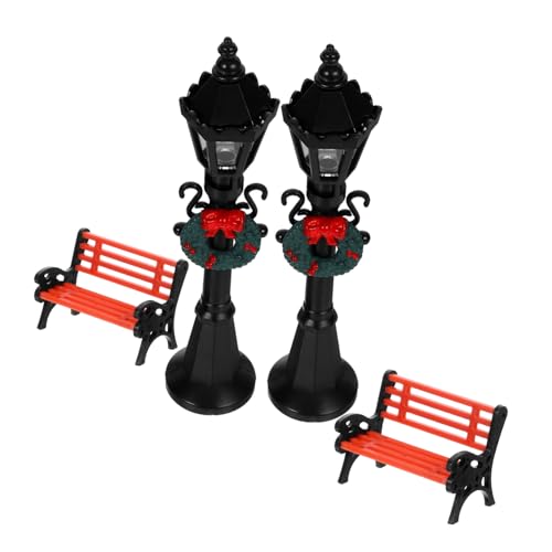 VILLCASE 2 Sätze Miniaturisierte Gartenlaterne Straßenlampen und Parkbänke für Puppenhaus und Feengärten Präzise Handwerkskunst für Stimmungsvolle Dekoration Miniaturgärten und Höfen von VILLCASE
