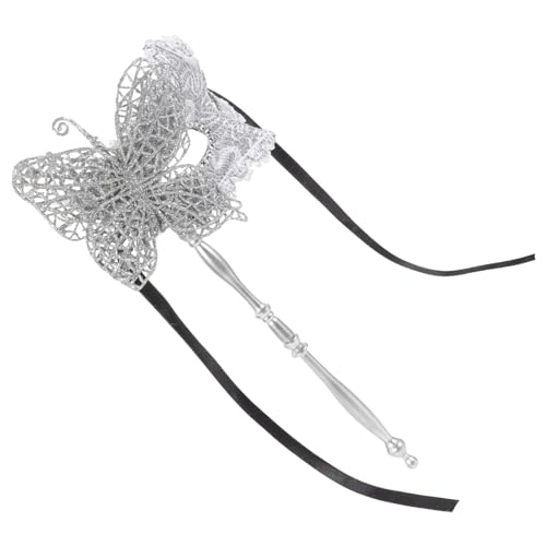 VILLCASE Maskenmaske Mit Stab Halloween-Kostümmasken Mit Schmetterlingsmuster Hand-Augenmaske Für Damen Und Herren Halloween-Cosplay-Party-Zubehör (Silber) von VILLCASE